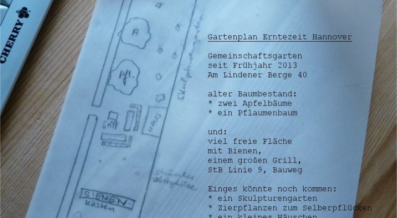 Plan des Gartens mit Bienenkästen, Pflaumenbaum und zwei Apfelbäumen