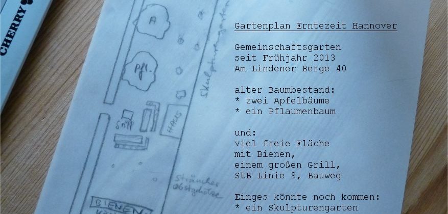 Plan des Gartens mit Bienenkästen, Pflaumenbaum und zwei Apfelbäumen